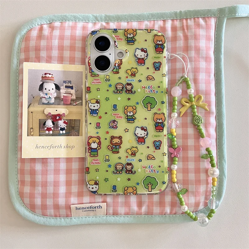 Coque de téléphone coréenne ours de dessin animé vert Hello Kitty chat, étui de protection souple pour iPhone 16 15 14 13 Pro Max, lentille antichoc