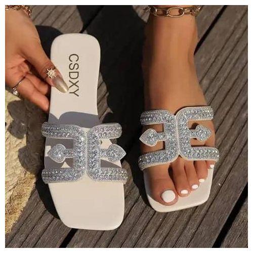 Chaussure plates à strass pour femmes, Sandale à semelle intérieure en PVC à tête carrée, Design fleche
