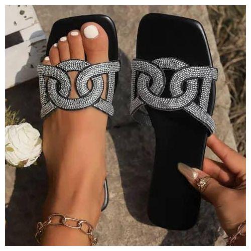 Chaussure plates à strass pour femmes, Sandale à semelle intérieure en PVC à tête carrée, Design cercle