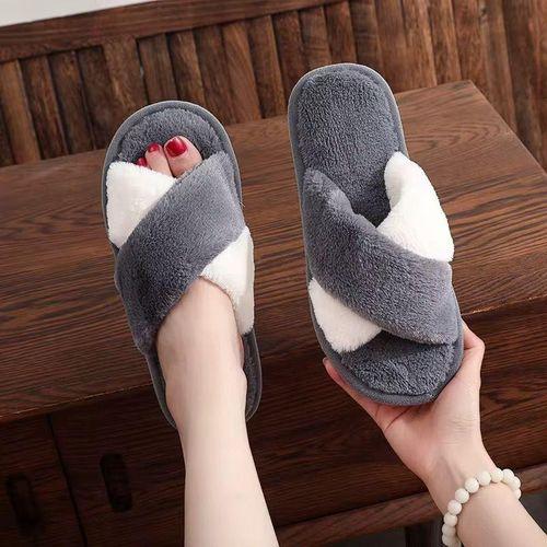 Chaussures en peluche pour femme -pantoufles croisées talon résistant - Gris