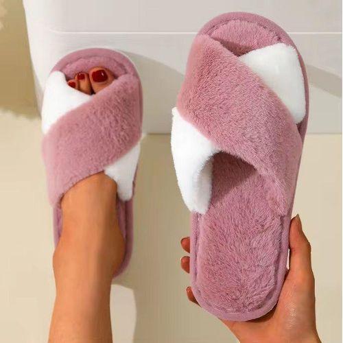 Chaussures en peluche pour femme -pantoufles croisées talon résistant - Rose