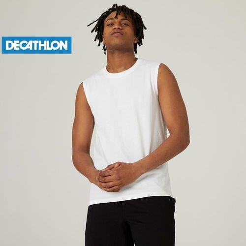 Domyos Débardeur Fitness Homme Col Rond Droit Coton - 500 Blanc Glacier Extensible
