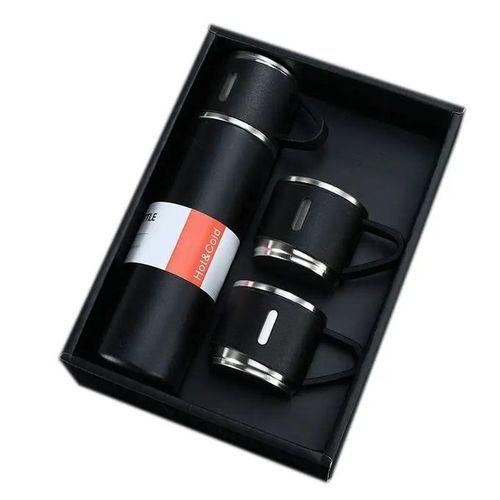 Ensemble Thermos - Mug Isotherme + 3 Tasses en Acier Inoxydable - Boisson chaude et froide - 350Ml - Noir