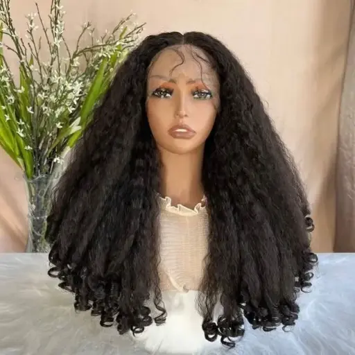 Perruque Kinky Straight bouclée avec lace frontale - Marron - 20 Pouces