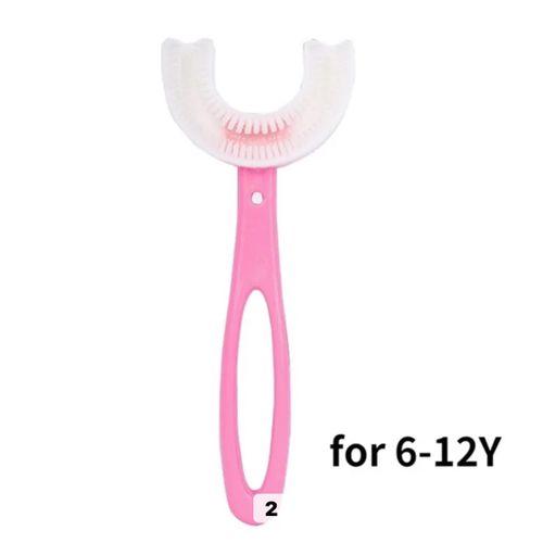 Brosse à Dents 360° en Forme de U pour Enfants 6 -12ans, Tête de Brosse en Silicone Rose