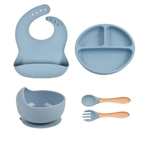 Set De Couverts Bébé En Silicone Souple 5 Pièces——Bleu