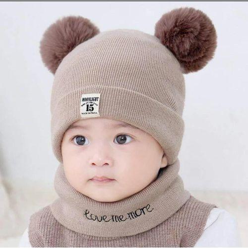 Ensemble de bonnet tricoté en laine pour bébé, automne et hiver -beige