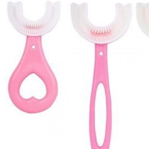 Pack de 2 Brosses à dents 360° en forme de U pour enfants 2 - 12ans tête de brosse en silicone - Rose