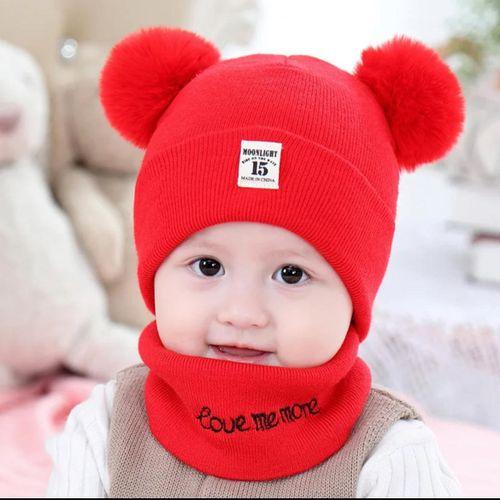 Ensemble de bonnet tricoté en laine pour bébé, automne et hiver -rouge