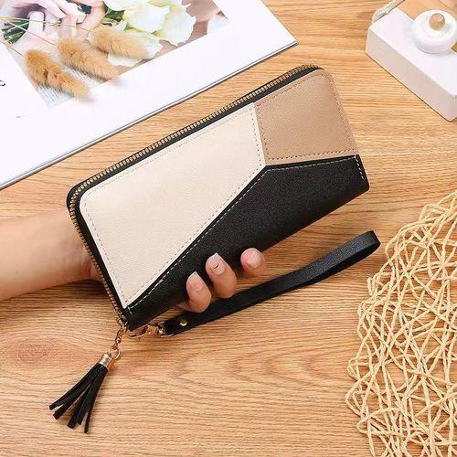 Portefeuilles noire en cuir pour femmes avec fermeture éclair - Portefeuille avec poche pour téléphone - Pochette pour femmes Porte-monnaie
