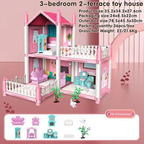Maison de Poupée avec 3 Chambres et 2 Terrasses - Jouet pour Enfants
