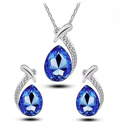 Ensemble collier bleu et boucles d'oreilles en forme de goutte d'eau en faux cristal pour femme