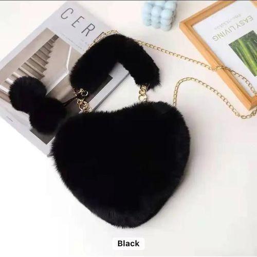 Sac à main de luxe pour femmes en fourrure à bandoulière en forme de cœur- noire