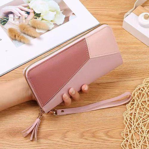Portefeuille en cuir rose pour femmes avec fermeture éclair - poche pour téléphone et Porte-monnaie