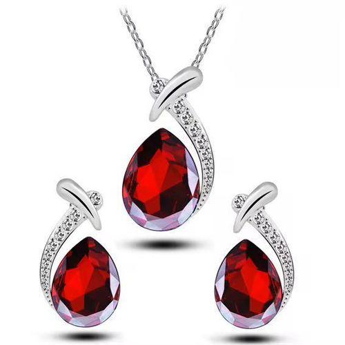 Ensemble collier rouge et boucles d'oreilles en forme de goutte d'eau en faux cristal pour femme