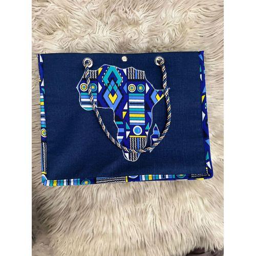 Sac fourre-tout en raphia bleu bordé de wax imprimé afrique