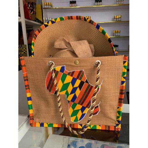 Sac fourre-tout en raphia marron + chapeau bordé de wax imprimé afrique