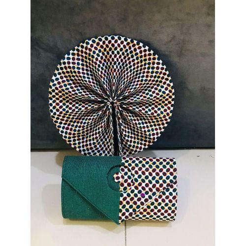 Pochette fourre-tout + éventail en Wax Vert imprimé d Afrique