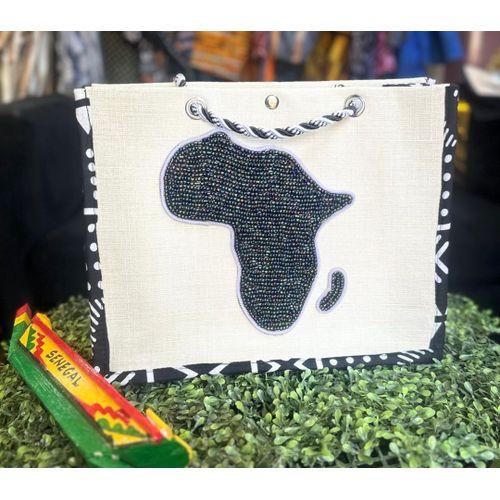 Sac fourre-tout en raphia noir et blanc bordé de perle imprimée Afrique