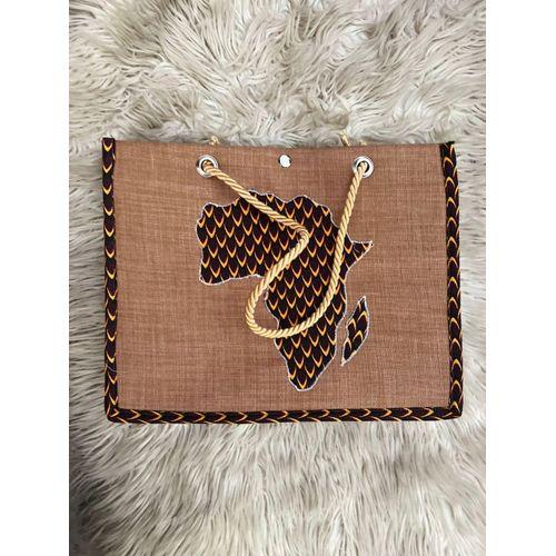 Sac fourre-tout en raphia marron bordé de wax imprimé afrique