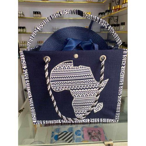 Sac fourre-tout en raphia bleu + chapeau bordé de wax imprimé afrique