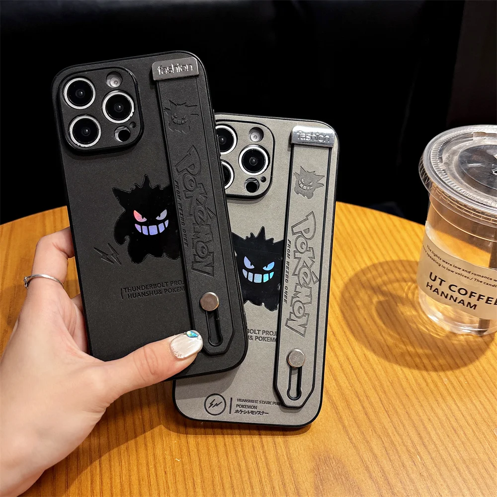 Coque de téléphone en cuir Gengar, dessin animé, avec bracelet, pour Apple iPhone 16 15 14 Plus 13 12 Pro Max 11 16ProMax 15plus