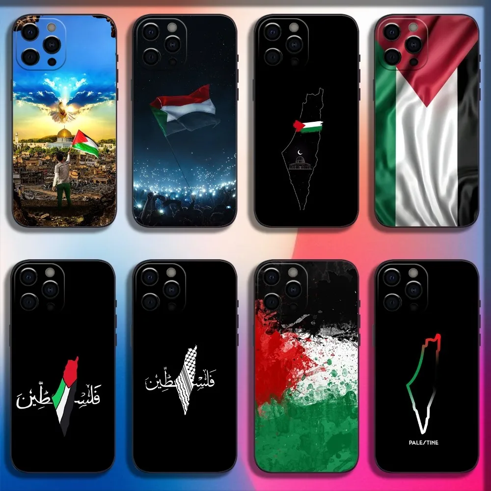 Coque de téléphone avec carte P-Palestine-es-F-F-F-F-Flag, pour iPhone 16,15,14,13,12,11,Pro,X,XS,Max,XR,Plus,Mini, coque noire souple