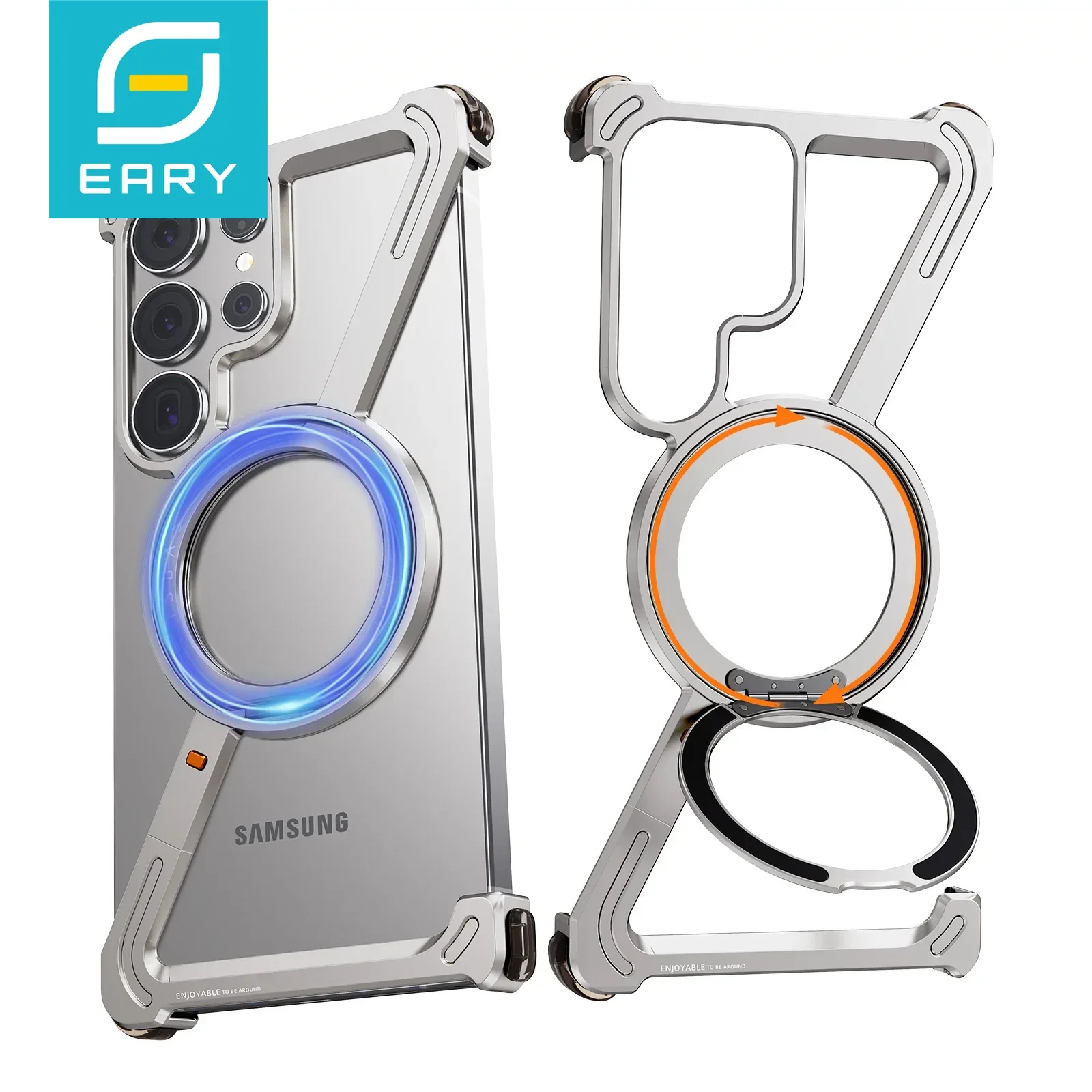 Coque de téléphone sans cadre magnétique Eary pour Samsung Galaxy S25 S24 Ultra avec 360 ° Support rotatif pare-chocs de protection antichoc en métal