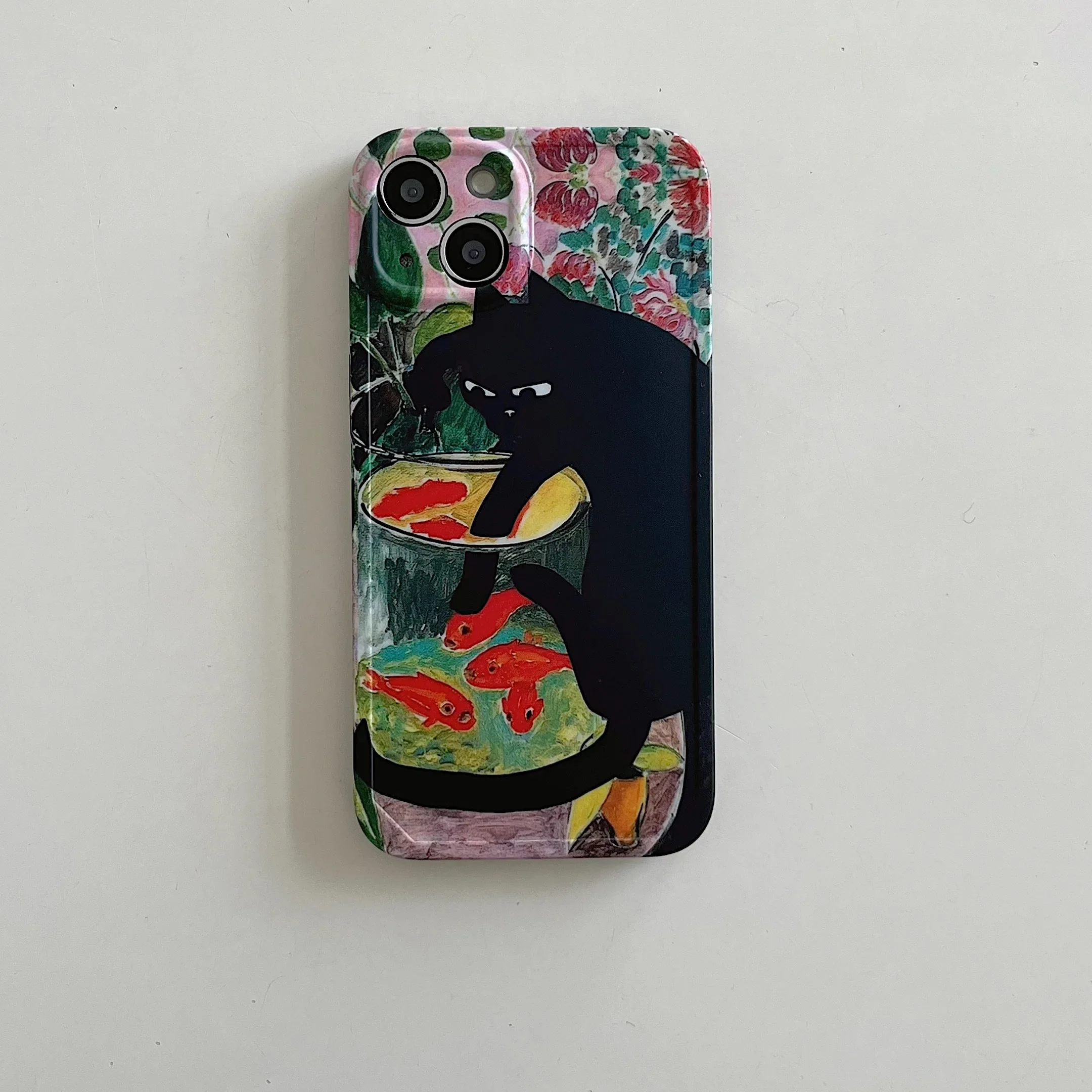 Vintage INS peinture à l'huile chat noir et bol de poisson belle coque de téléphone pour iPhone 16 15 14 13 12 11 Pro XS Max 7 8 Plus Y2K couverture mignonne