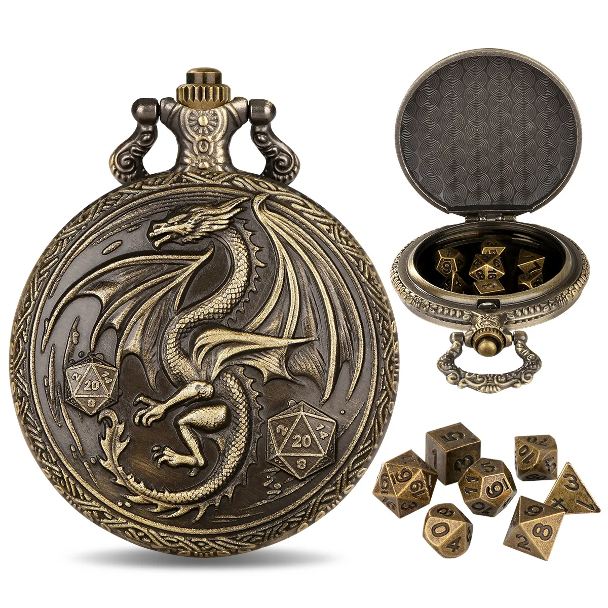 DND dés bijoux boîtier de montre de poche Western Double aile volant Dragon sculpture taille chaîne montre de poche dés polyèdre dés en métal