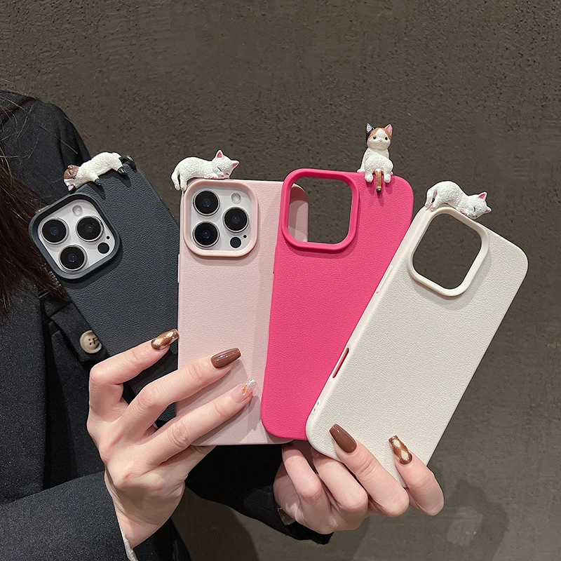 Coque de téléphone en cuir à motif de litchi, dessin animé 3D, chat couché, pour iPhone 16 15 14 13 12 11 Pro Max Plus X XS XR, jolie couverture souple