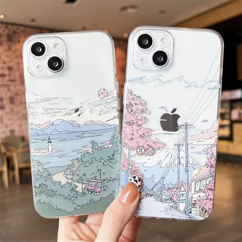Coque de téléphone esthétique avec paysage de dessin animé japonais, étui souple transparent pour IPhone 16 15 14 13 12 11 Pro Max Mini XS X SE20 7 8 Plus
