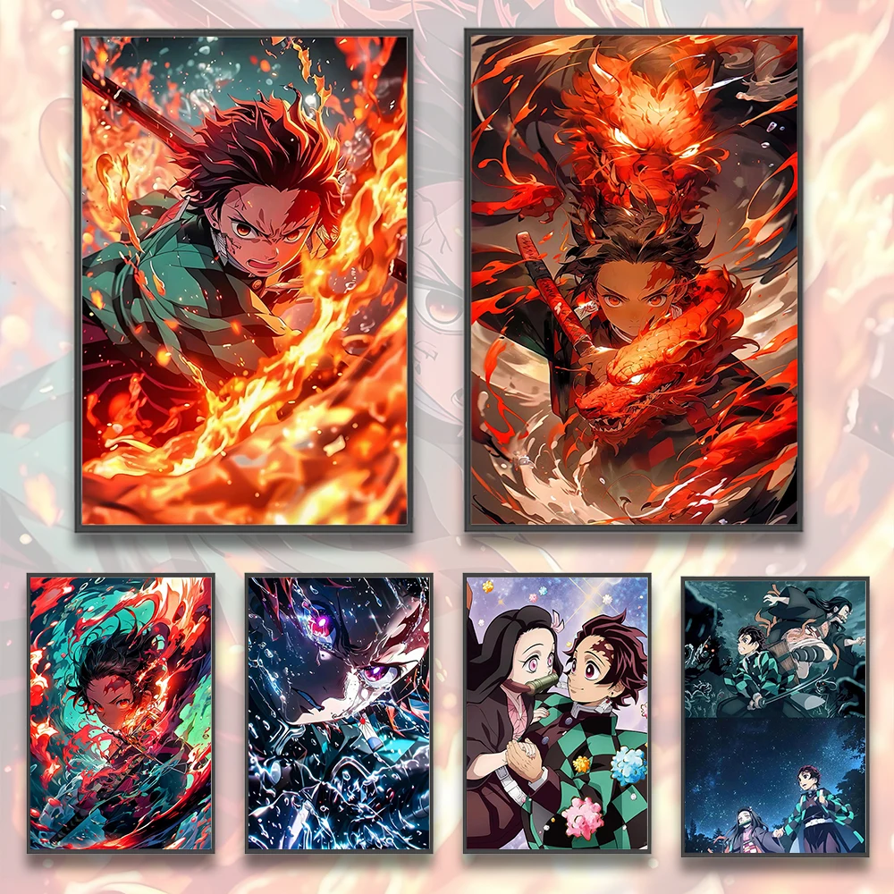 Affiche auto-adhésive de dessin animé Tanjiro Demon Slayer, décor de chambre à coucher, papier peint Nezuko, figurines de décoration de maison, autocollants de peinture, Art pour enfant