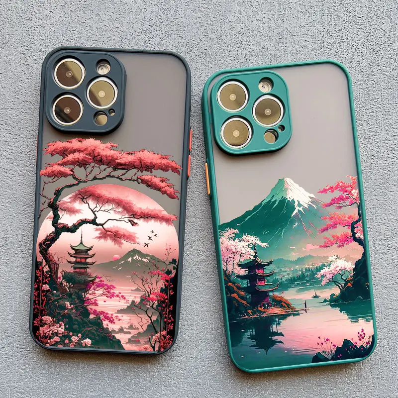 Coque de téléphone avec support esthétique japonais, paysage Fuji, antichoc, pour iPhone 7 8 Plus 16 14 13 12 11 15 Pro Max Mini XR XS X