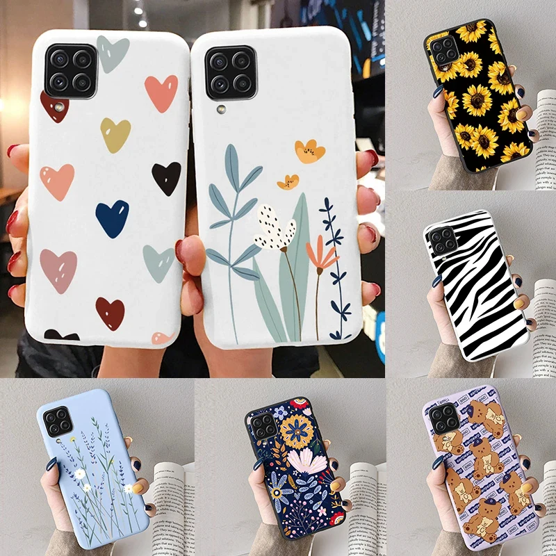 Coque pour Samsung A12 5G M12 F12 A 12 mignon coeur fleur couverture arrière Silicone souple mat protection Funda pour Samsung Galaxy A12 5G