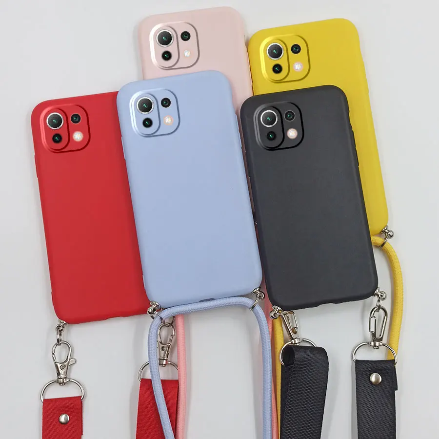 Pour Xiaomi Mi 11 Lite étui avec sangle jaune rouge Silicone mignon mat couverture pour Xiaomi Mi 11 Mi11 Mi 11Lite Capa bandoulière corde
