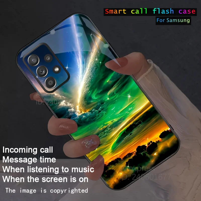 Flash Funda paysage LED coque de téléphone pour Samsung S25 S24 S23 S22 S21 Plus Pls A35 A55 5G FE Ultra esthétique paysage lueur couverture