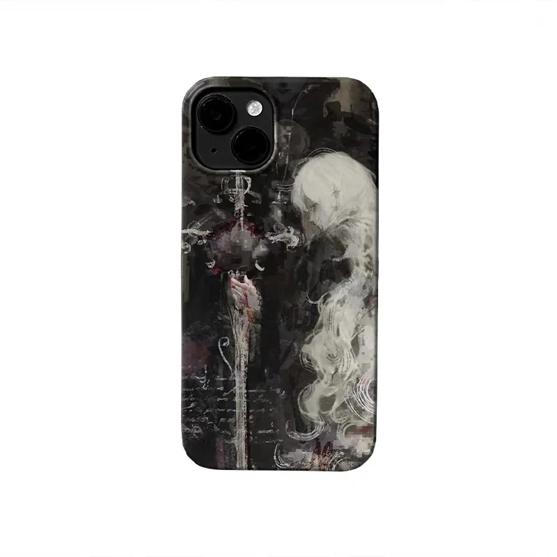 Coque de téléphone épée et cheveux blancs pour iPhone, peinture artistique médiévale, coque de téléphone sorcière, iPhone 16 15 14 13 12 11 Pro XS Max 7 8 Plus MINI Y2K