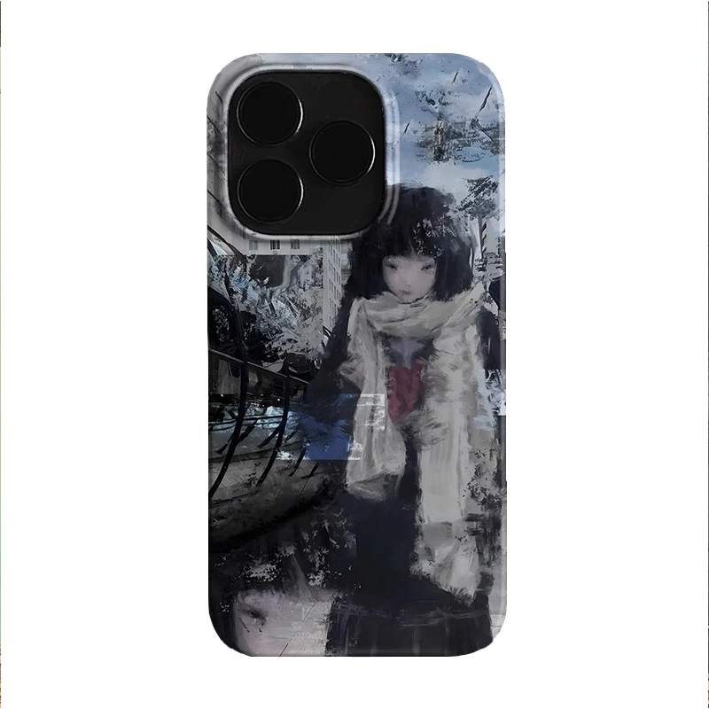 Peinture à l'huile rue fille Art Niche dessin animé mignon coque de téléphone pour iPhone 16 15 14 13 12 11 Pro XS Max 78 Plus MINI Y2K belle couverture