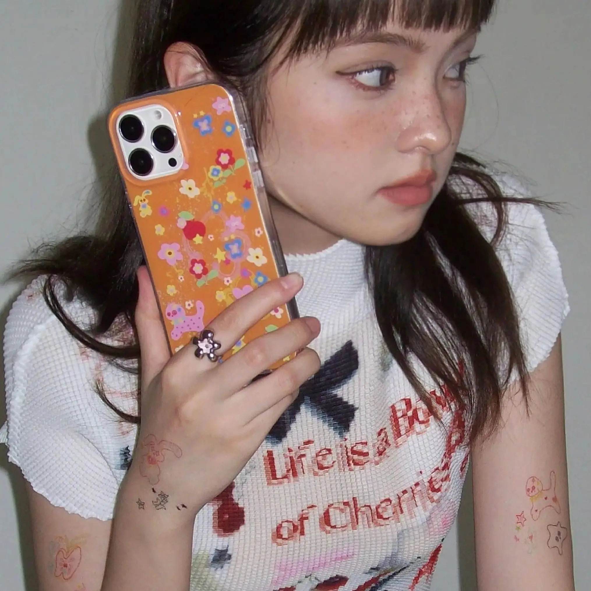 Coque de téléphone Apple ins à fleurs colorées, chiot Orange, lapin, pour iPhone 16 15 14 13 12 11 Pro Max XR XS Max 7 8 Plus MINI Y2K