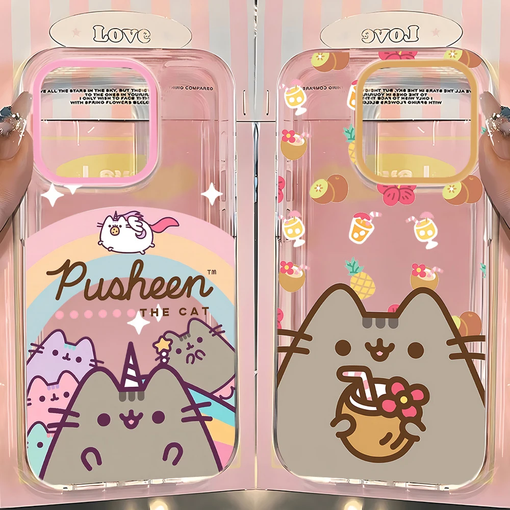 Coque de téléphone chat Pusheens, dessin animé mignon, pour iPhone 16 16e 15 14 13 12 11 Mini Pro Max X XR XSMax 7 8 Plus, coque arrière en TPU souple et transparent