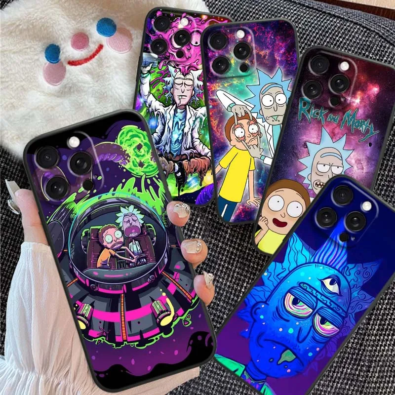 Coque de téléphone en Silicone souple noir, dessin animé r-ricks, m-ortys, pour Apple iPhone 16 16E 15 14 13 12 11 XS X Pro Max Plus