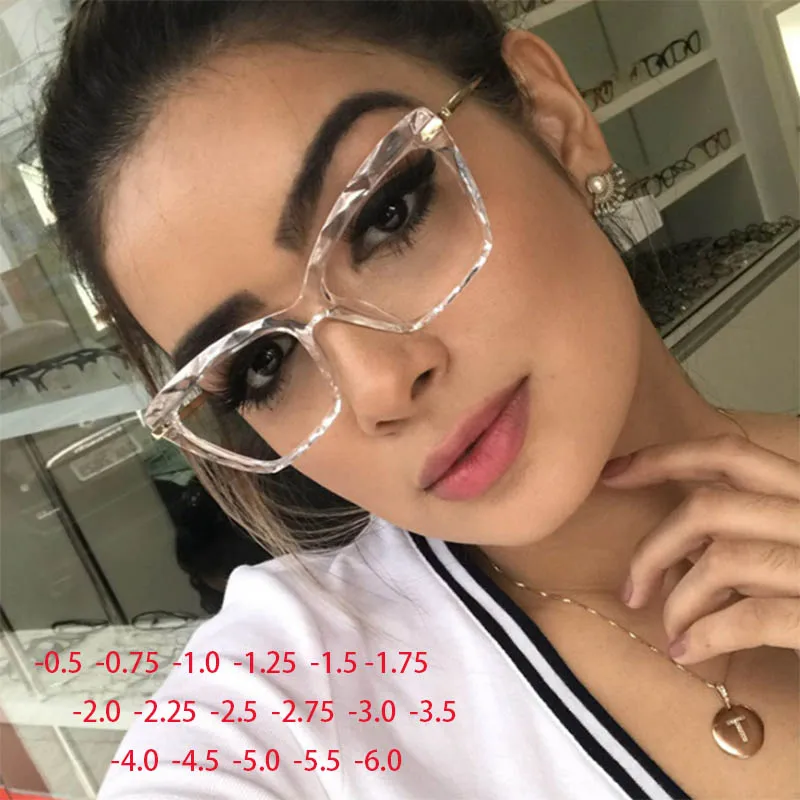 Lunettes à verres transparents à monture multi-facettes en cristal, carrées simples, pour myopie, Nerd, degrés-0.5 -1.0 -2.0 -3.0 -4.0 à-6.0