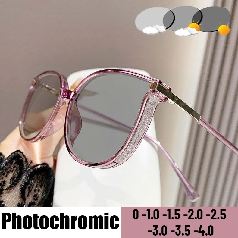 Lunettes de myopie photochromiques à monture scintillante pour femmes, surdimensionnées, UV d'extérieur, vue de près, mode, dioptrie à-4.0