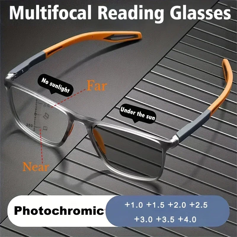 Lunettes de lecture photochromiques multifocales progressives pour hommes, anti-lumière bleue, lunettes de vue de loin, demi-monture, affaires, presbytie