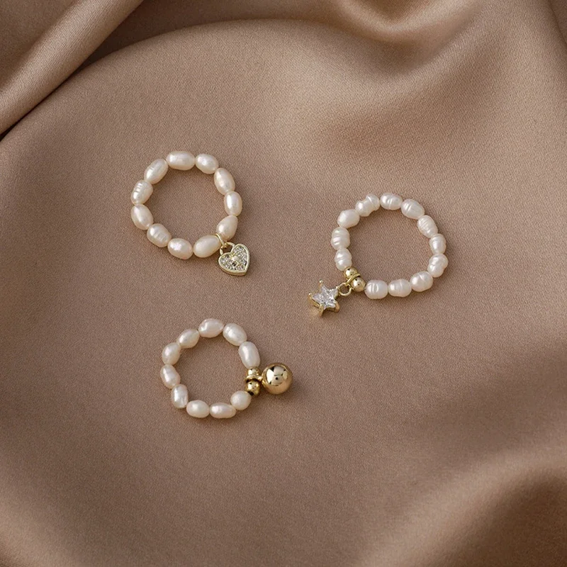 Bagues de mariage en perles d'eau douce pour femmes, cadeaux d'amour, bijoux à la mode, étoile brillante, cœur, faites à la main, vente en gros