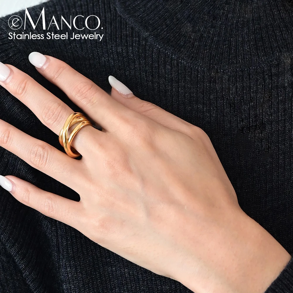 EManco – bague large plaquée or en acier inoxydable, Simple pour la fête des femmes, bijoux délicats, bagues cadeaux classiques