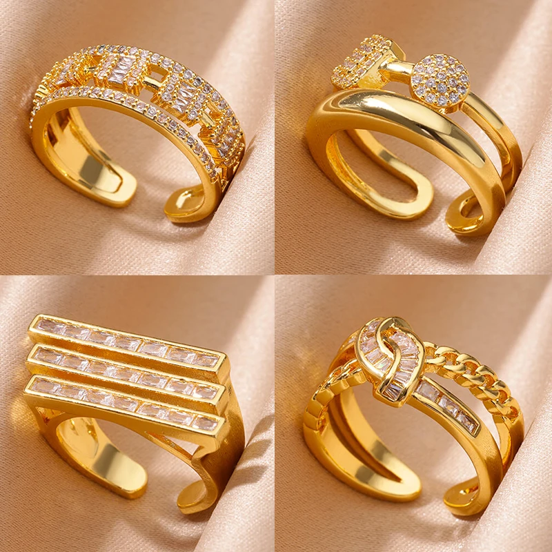Bagues géométriques Vintage Double couche pour femmes, en acier inoxydable, couleur or, bague de mariage réglable, bijoux esthétiques, cadeau anillos