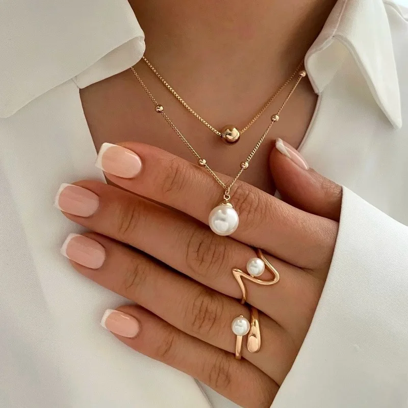 Ensemble de bijoux tendance pour femmes, ligne de perles rondes simples, boucles d'oreilles, matiques, pendentif, collier, cadeau de fête, nouveau, 4 pièces