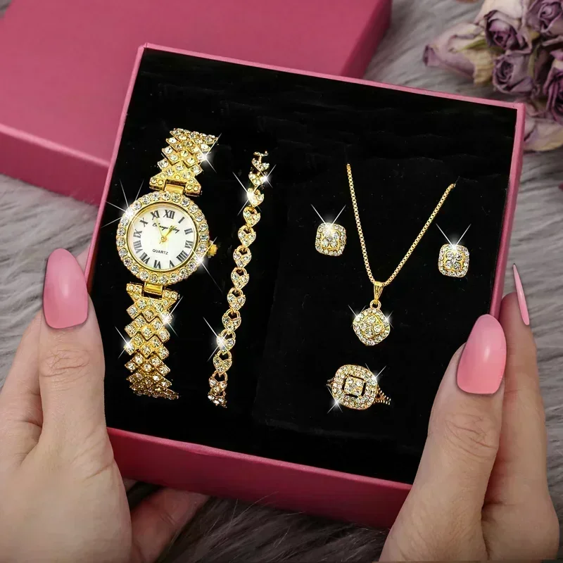 Mode luxe plein cristal 5 pièces montre collier boucles d'oreilles bague ensemble pour femmes strass montre-Bracelet femme Bracelet ensemble cadeau